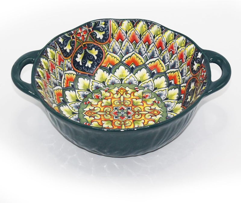 Ronanemon Bohemia Large Bowls with Handle, 40 oz Ceramic Soup Bowl for Salad, Pasta, Cereal,Fruit, Udon, Microwave & Dishwasher Safe(Green) - Image 1