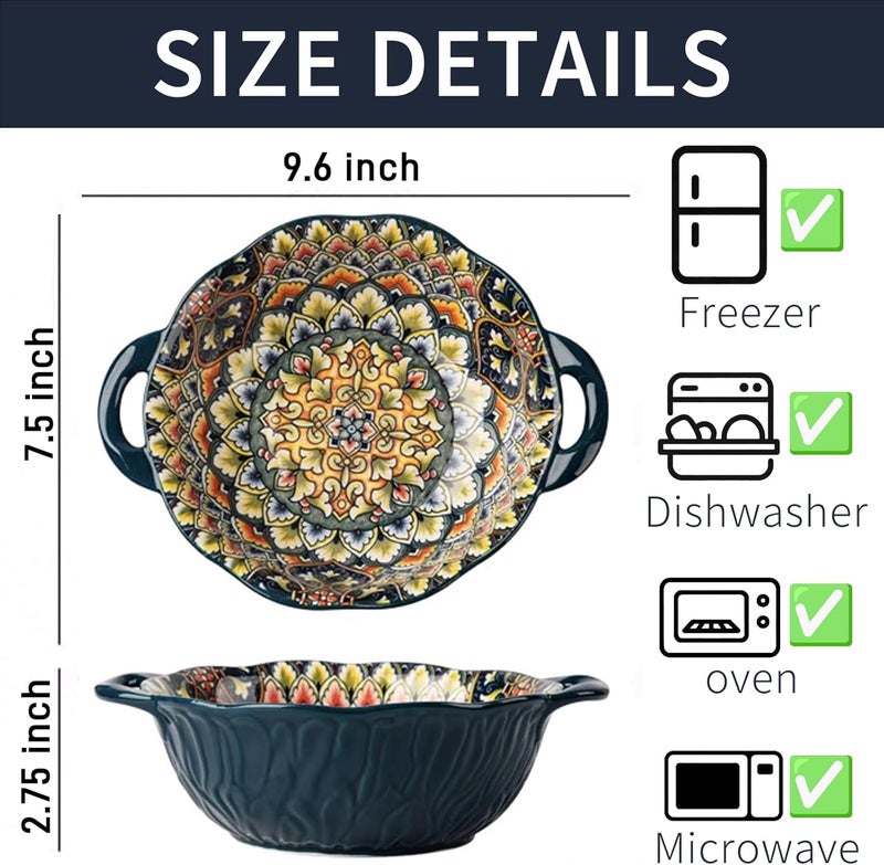 Ronanemon Bohemia Large Bowls with Handle, 40 oz Ceramic Soup Bowl for Salad, Pasta, Cereal,Fruit, Udon, Microwave & Dishwasher Safe(Green) - Image 2
