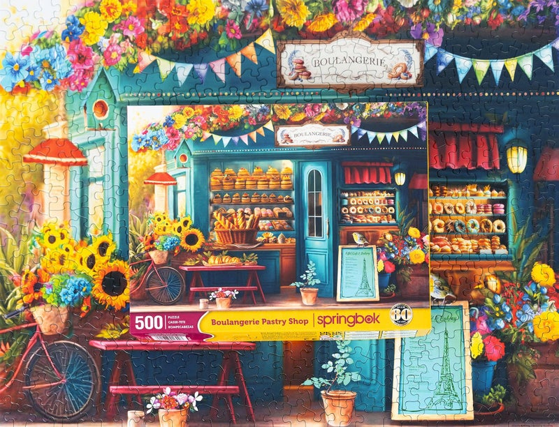 Springbok's Boulangerie Pastry Shop 500 Piece Jigsaw Puzzle for Adults Will Have Your Wishing for Pasteries in This Colorful Scene of Baked Goods and Flowers. - Image 3