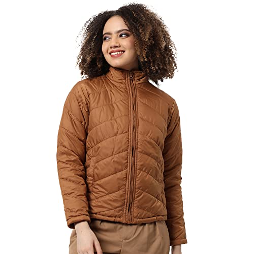 Campus Sutra Women Brown Puffer Regular Fit Bomber Jacket For Winter Wear | Standing Collar | Full Sleeve | Zipper | Casual Jacket For Woman & Girl | Western Stylish Jacket For Women - Image 1