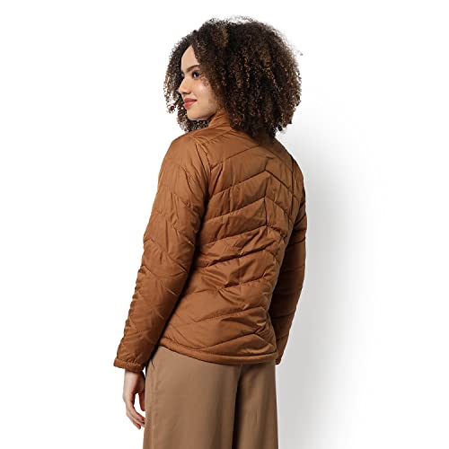 Campus Sutra Women Brown Puffer Regular Fit Bomber Jacket For Winter Wear | Standing Collar | Full Sleeve | Zipper | Casual Jacket For Woman & Girl | Western Stylish Jacket For Women - Image 3