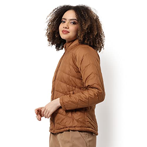 Campus Sutra Women Brown Puffer Regular Fit Bomber Jacket For Winter Wear | Standing Collar | Full Sleeve | Zipper | Casual Jacket For Woman & Girl | Western Stylish Jacket For Women - Image 2