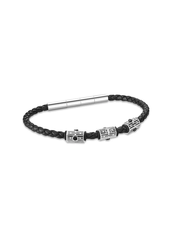 CERRUTI 1881 Adriano Silver and Black Leather Bracelet