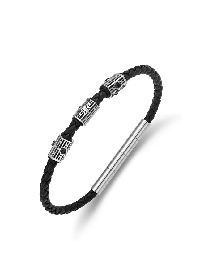 CERRUTI 1881 Adriano Silver and Black Leather Bracelet