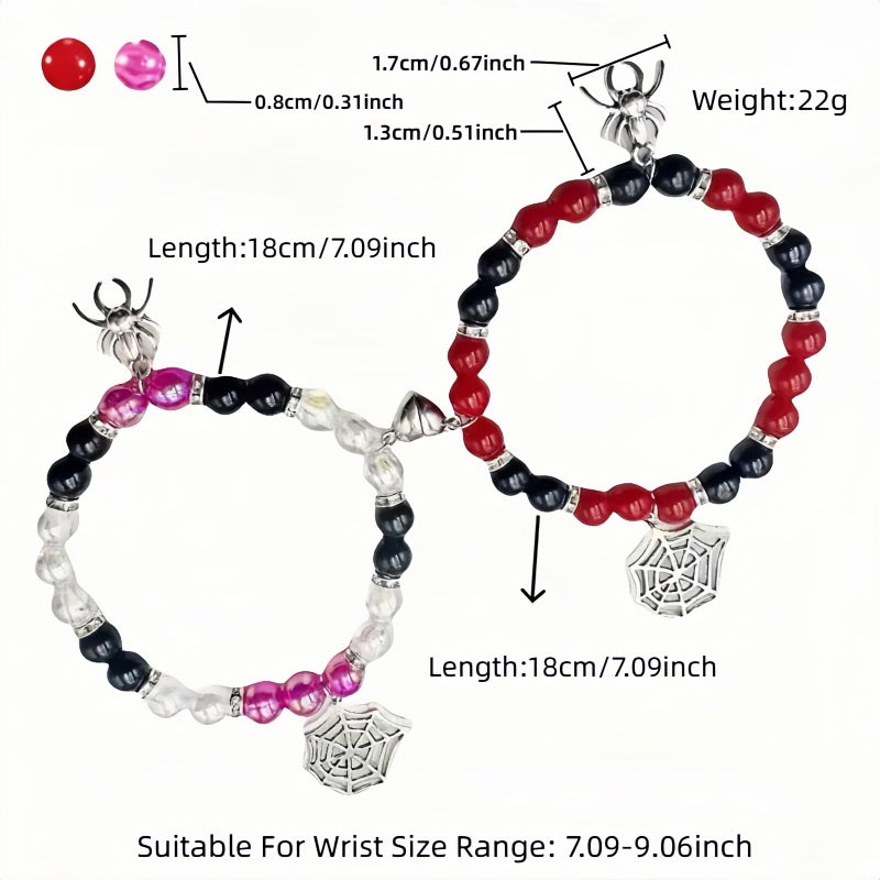 FANBODTA 2-Pack Spider Friendship Bracelets for Couples, Halloween Jewelry Gift - Stretchable Adjustable Crystal Bead Bracelet with Heart Charm, Love Promise Bracelet for Him Her Best Friend (Silvery) - Image 2