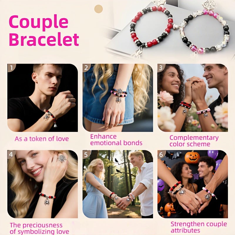 FANBODTA 2-Pack Spider Friendship Bracelets for Couples, Halloween Jewelry Gift - Stretchable Adjustable Crystal Bead Bracelet with Heart Charm, Love Promise Bracelet for Him Her Best Friend (Silvery) - Image 5