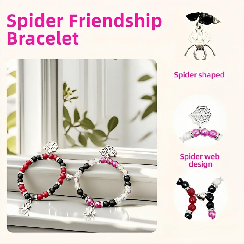 FANBODTA 2-Pack Spider Friendship Bracelets for Couples, Halloween Jewelry Gift - Stretchable Adjustable Crystal Bead Bracelet with Heart Charm, Love Promise Bracelet for Him Her Best Friend (Silvery) - Image 3