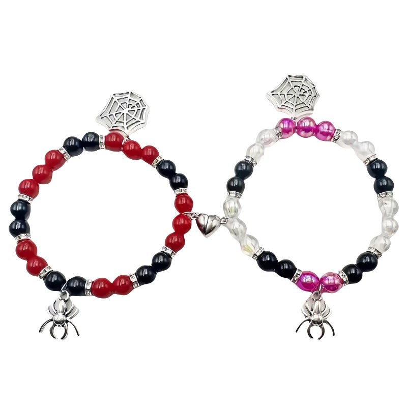 FANBODTA 2-Pack Spider Friendship Bracelets for Couples, Halloween Jewelry Gift - Stretchable Adjustable Crystal Bead Bracelet with Heart Charm, Love Promise Bracelet for Him Her Best Friend (Silvery) - Image 1