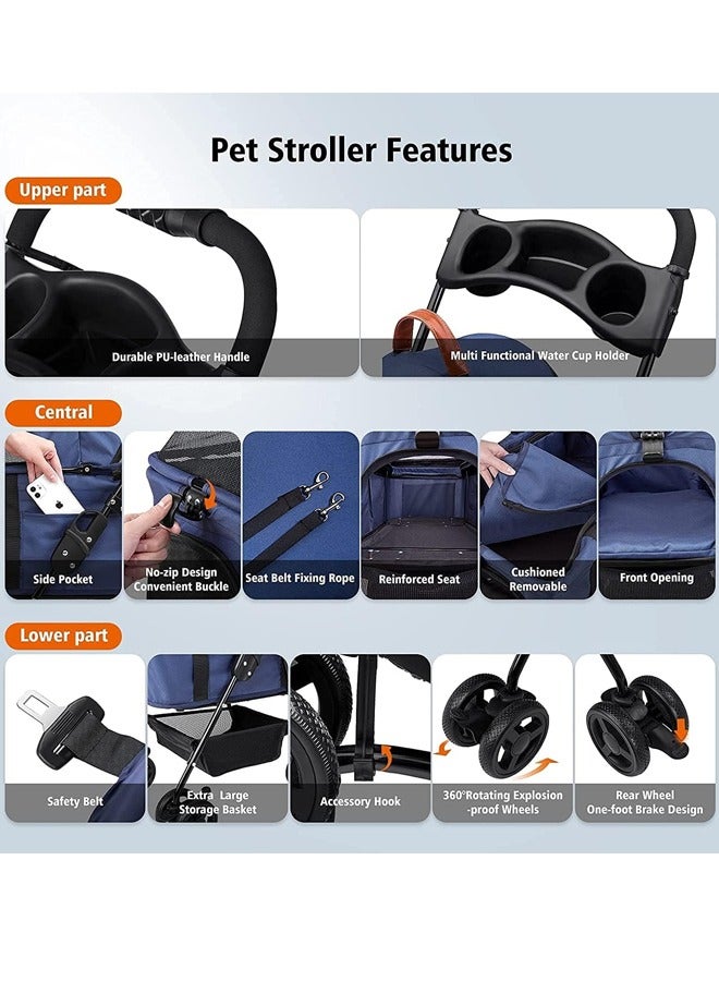 Generic Foldable Pet Stroller Cat/Dog Stroller with 4 Wheel Pet Travel Carrier Strolling Cart with Storage Basket Detach Carrier/Pump-Free Rubber Tires/Aluminum Frame for Medium & Small Pets  - Image 3