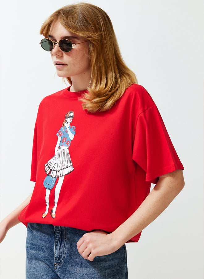 trendyol Red Printed Relaxed/Comfortable Fit Crew Neck Knitted T-Shirt - Image 1