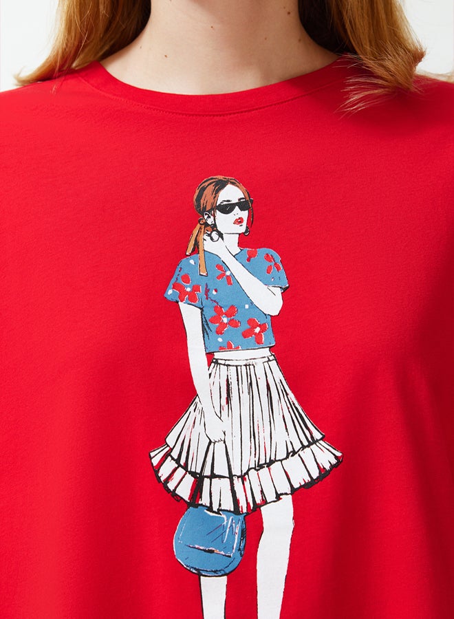 trendyol Red Printed Relaxed/Comfortable Fit Crew Neck Knitted T-Shirt - Image 4