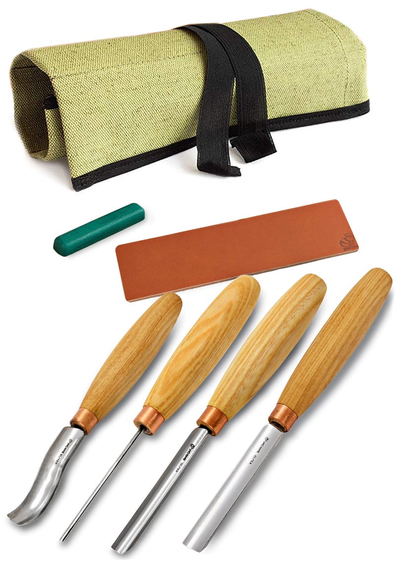 BeaverCraft Wood Carving Gouges Chisels Kit SC01 - Wood Spoon Carving Chisel Set - Whittling Tools Includes Radial Gouges, Flat Chisel, Bent Gouge, Leather Strop & Rolling Pouch - Image 1