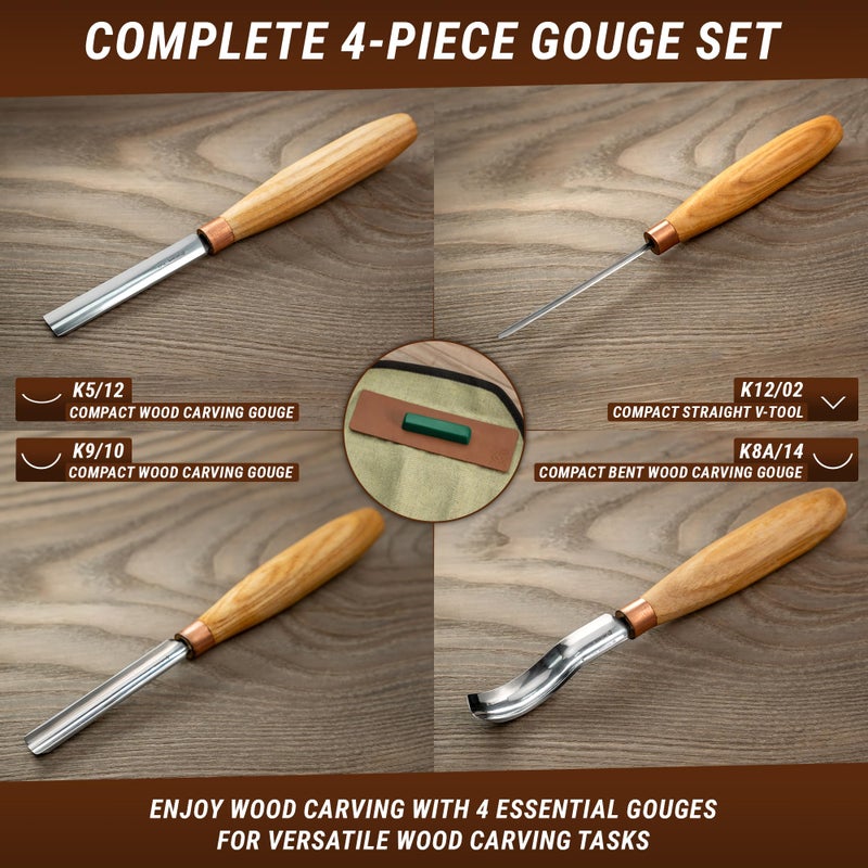 BeaverCraft Wood Carving Gouges Chisels Kit SC01 - Wood Spoon Carving Chisel Set - Whittling Tools Includes Radial Gouges, Flat Chisel, Bent Gouge, Leather Strop & Rolling Pouch - Image 2