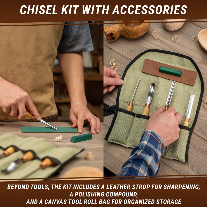 BeaverCraft Wood Carving Gouges Chisels Kit SC01 - Wood Spoon Carving Chisel Set - Whittling Tools Includes Radial Gouges, Flat Chisel, Bent Gouge, Leather Strop & Rolling Pouch - Image 5