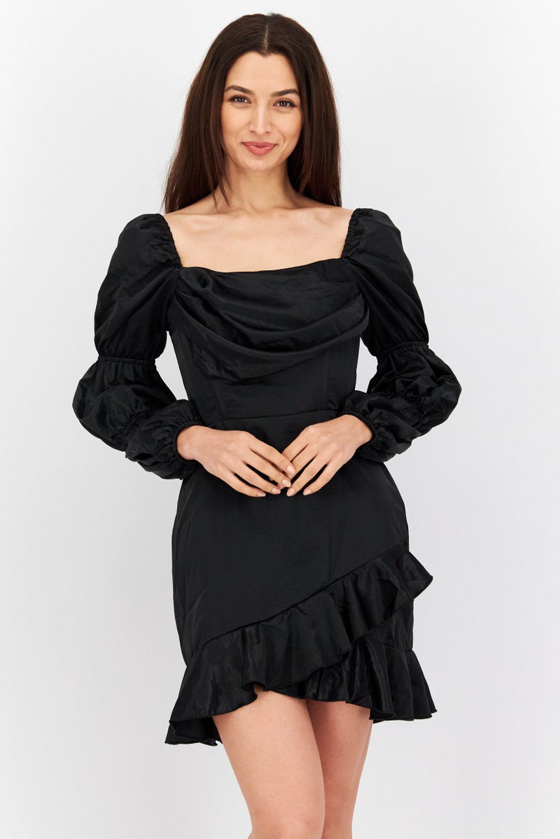 First Distraction The Label فستان كاجوال قصير نسائي سادة، أسود - Image 1