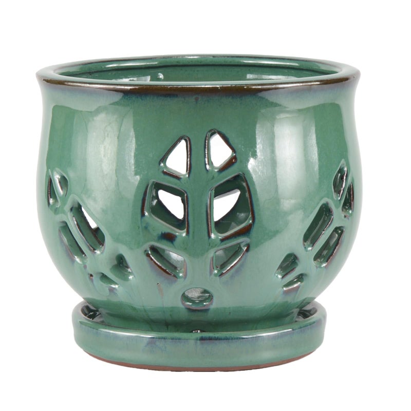 w w W&W Orchid Pot with Holes and Saucer for Repotting, Green, 6.5" - Image 2