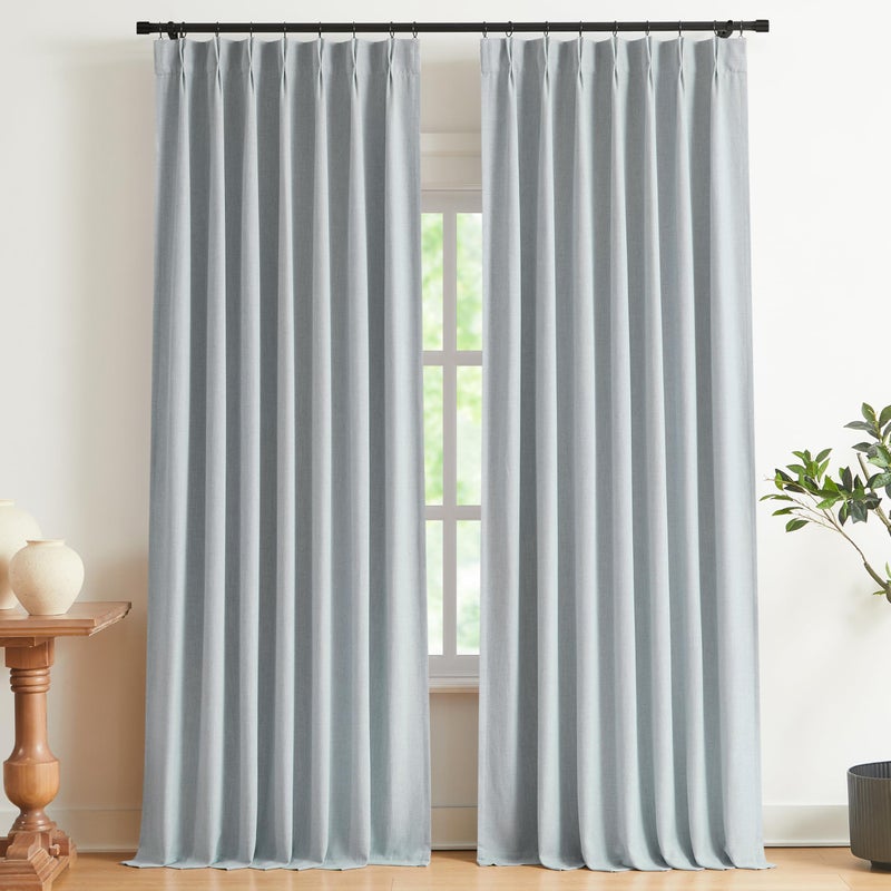 Vision Home Blue Gray Pinch Pleated Full Blackout Curtains Linen Blended Room Darkening Window Curtains 95 inch for Living Room Bedroom Thermal Insulated Pinch Pleat Drapes with Hooks 40" Wx95 Lx2 - Image 1