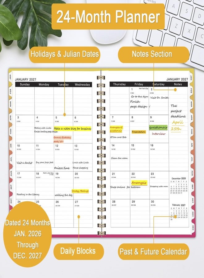 Ymumuda 2026 Monthly Planner - 2 Year Monthly Planner, JAN.2026 to DEC.2027, 8.5" x 11", Large Calendar with Spiral Bound, 24 Coated Tabs,24 Months Perfect for School & Office Schedule, Orange & Pink - Image 3