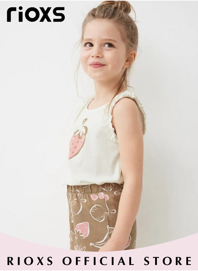 RIOXS Toddler Kids Girls Top and Short Sets Kids Sleeveless Shirt Short Pants Suits Breathable 100% Cotton Outfits Summer Playwear  - Image 2