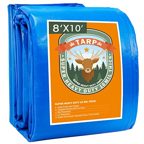 HAPPY CHEERS Tarps Heavy Duty Waterproof 8x10, Blue Tarp, Waterproof Plastic Poly 16 Mil Thick Tarpaulin with Metal Grommets Every 19.5 Inches - Emergency Rain Shelter, Outdoor Cover, and Camping Use - Image 1
