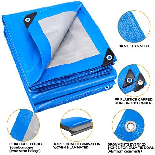 HAPPY CHEERS Tarps Heavy Duty Waterproof 8x10, Blue Tarp, Waterproof Plastic Poly 16 Mil Thick Tarpaulin with Metal Grommets Every 19.5 Inches - Emergency Rain Shelter, Outdoor Cover, and Camping Use - Image 2