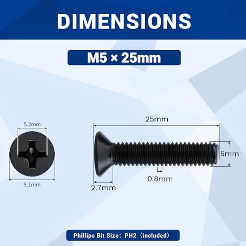 Fayeploo M5-0.8 x 25mm Phillips Flat Head Machine Screws 100 Pcs, Stainless Steel 304 (18-8), Black Coated Countersunk Head Screws, Fayeploo (with Phillips Bit) - Image 2