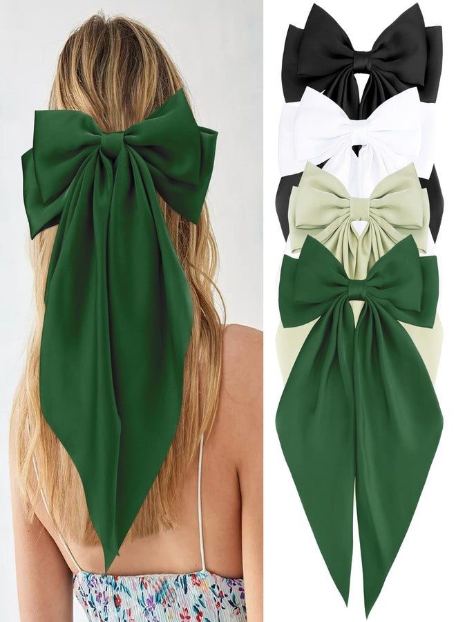 Velscrun Black White Green Dark Green Hair Bows for Women Girls, Silky Satin Large Coquette Bow, Oversized Hair Ribbons 4Pcs Big Bows Clip Long Tail Bowknot Hair Barrettes Christmas Bow Accessories - Image 1