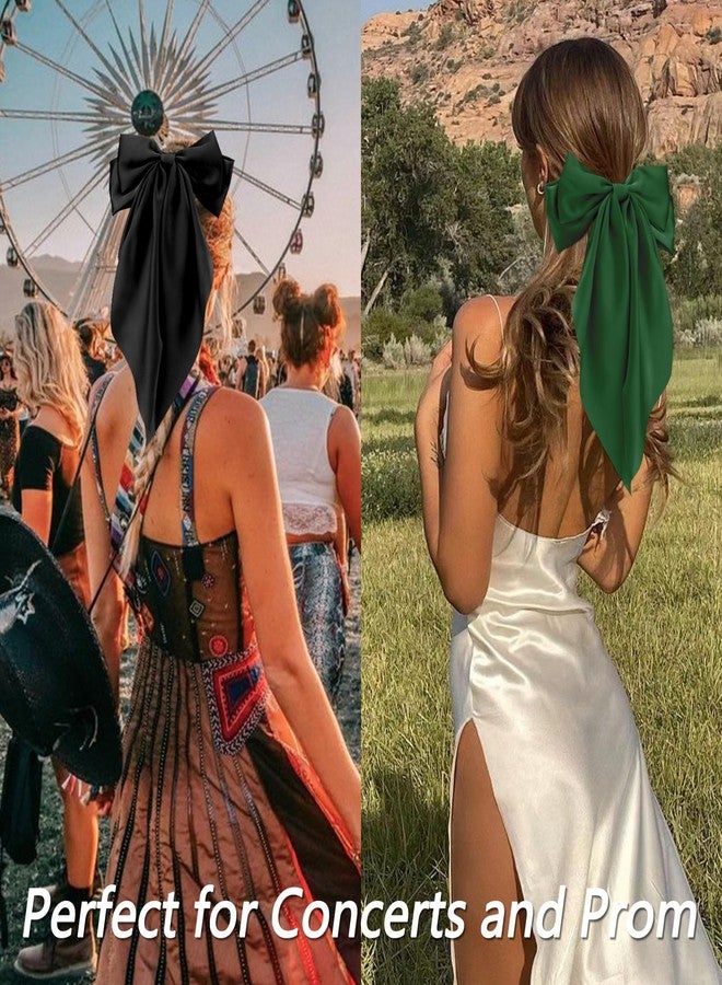 Velscrun Black White Green Dark Green Hair Bows for Women Girls, Silky Satin Large Coquette Bow, Oversized Hair Ribbons 4Pcs Big Bows Clip Long Tail Bowknot Hair Barrettes Christmas Bow Accessories - Image 5