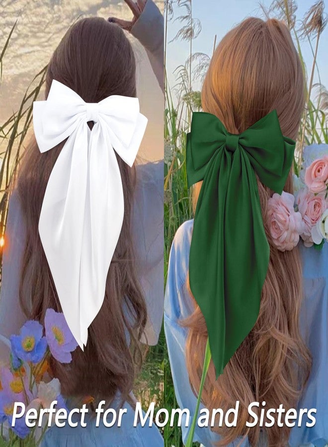Velscrun Black White Green Dark Green Hair Bows for Women Girls, Silky Satin Large Coquette Bow, Oversized Hair Ribbons 4Pcs Big Bows Clip Long Tail Bowknot Hair Barrettes Christmas Bow Accessories - Image 4
