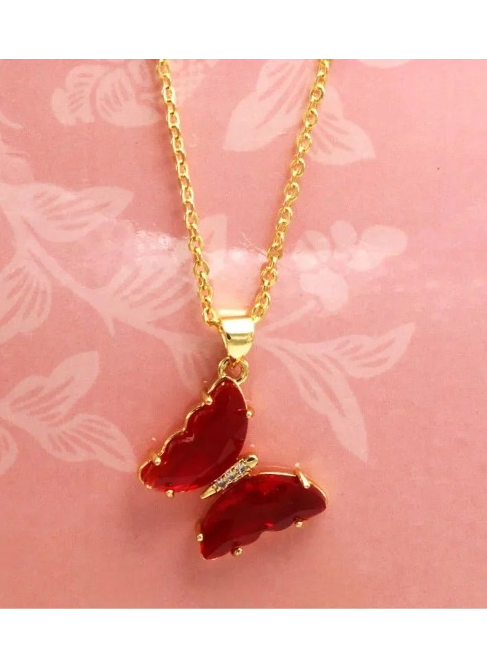 The Black Pearl Accessories - Stainless Steel Necklace Gold with a Red Crystal Butterfly Pendant - Image 1