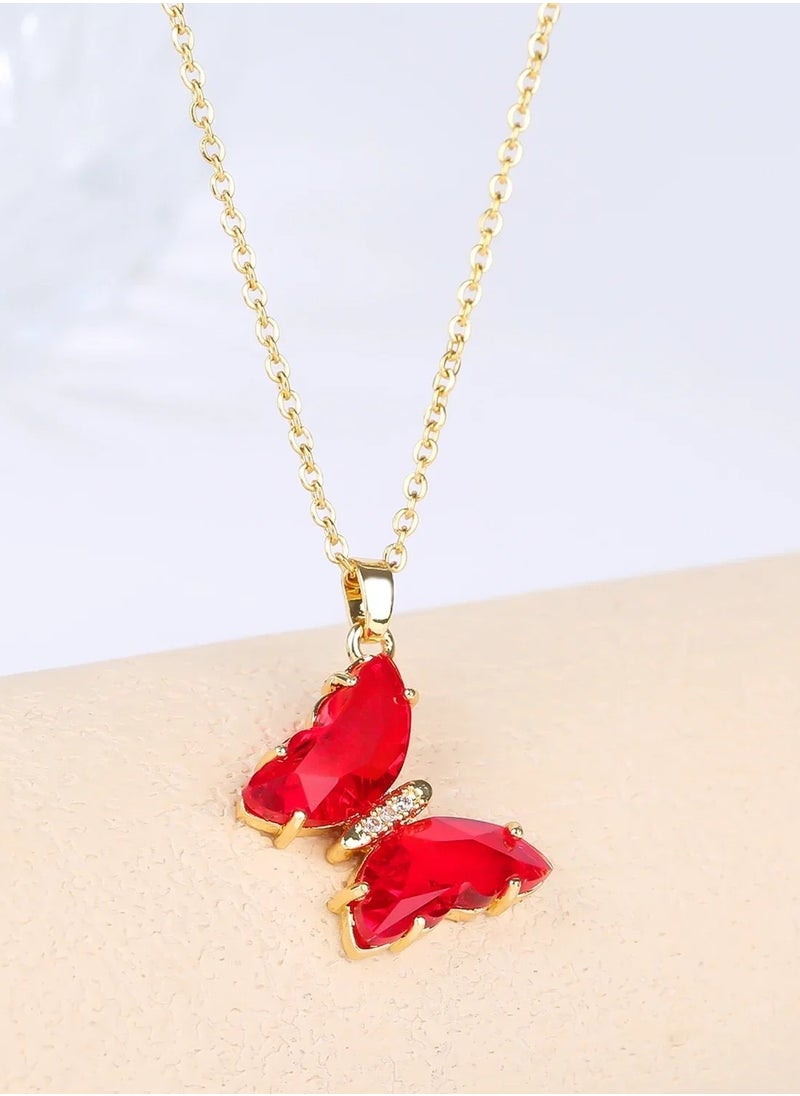 The Black Pearl Accessories - Stainless Steel Necklace Gold with a Red Crystal Butterfly Pendant - Image 1