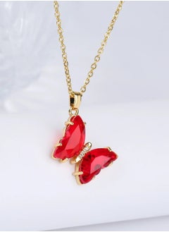 Stainless Steel Necklace Gold with a Red Crystal Butterfly Pendant