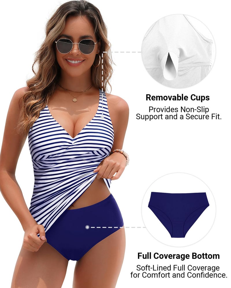 Yonique Tankini Swimsuits for Women Tummy Control Bathing Suits Two Piece Tankini Tops with Bikini Bottoms Plus Size Swimwear Blue and White Stripe L - Image 5