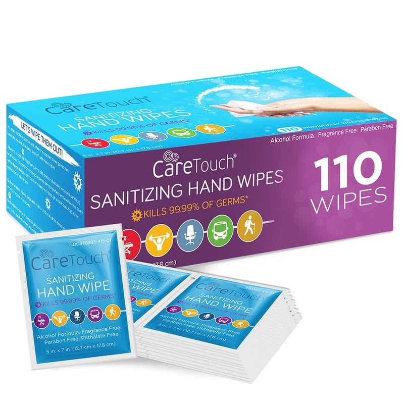 Care Touch Hand Sanitizer Wipes - 110 Hand Wipes Individually Wrapped - Travel Size - Sanitizing Wet Wipes for Home, Office & Outdoor Use - Image 1