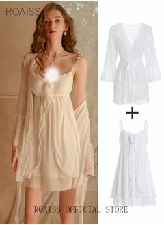 roaiss 2 Piece Nightgown Set Women's Sweet Halter Nightdress Lace Lingerie Sleepwear Home Dress Set Romantic Elegant Pajamas Ladies Spring Autumn Robe Loungewear  - Image 1