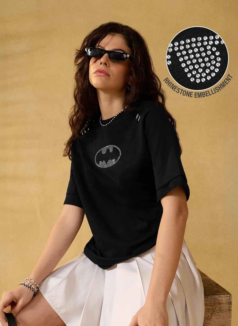 The Souled Store The Souled Store Women Batman Black Embroidered Oversized T-Shirts