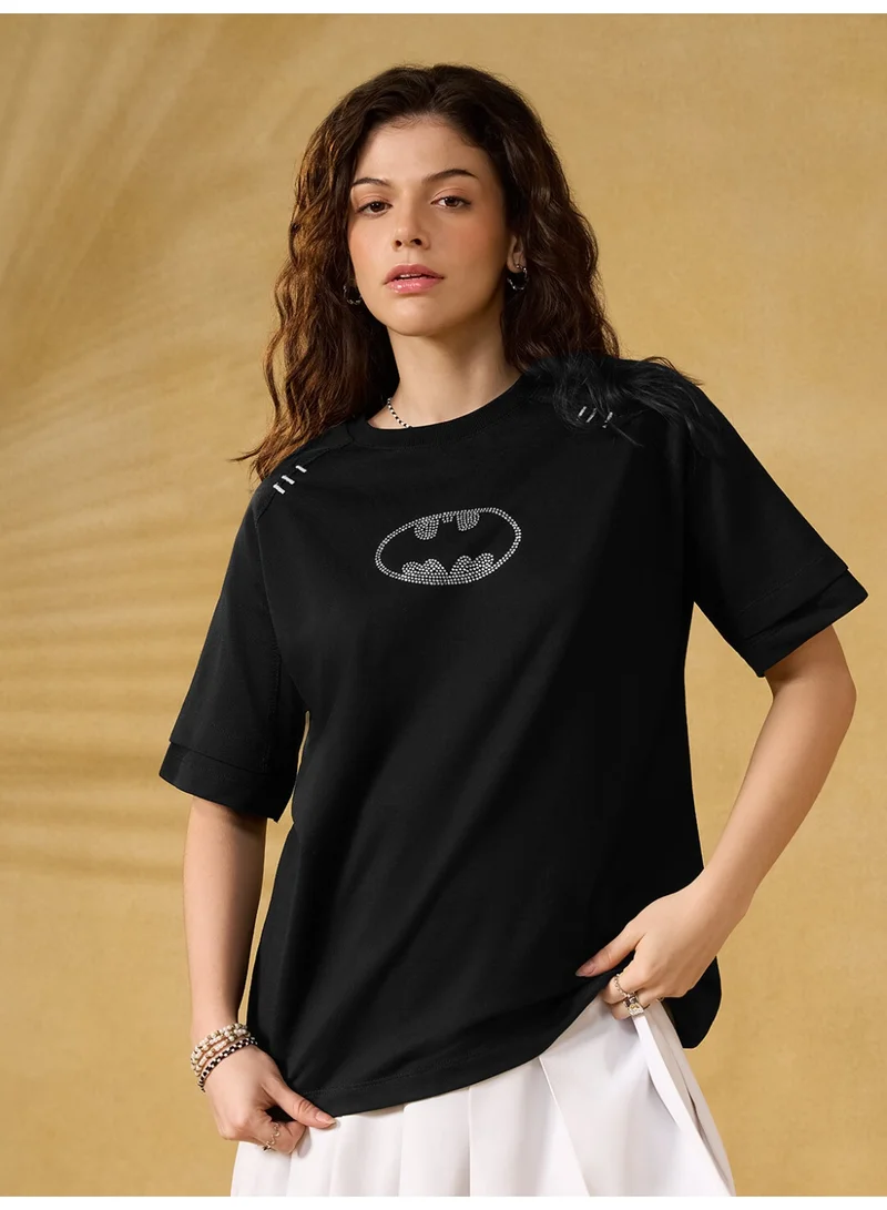 The Souled Store  The Souled Store Women Batman Black Embroidered Oversized T-Shirts for Women | Best Price UAE