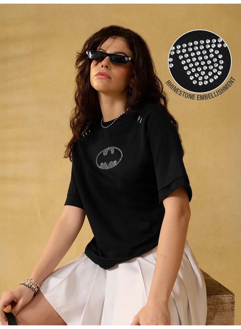 The Souled Store The Souled Store Women Batman Black Embroidered Oversized T-Shirts