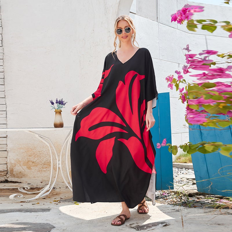 2 Color Cross-border New Printed Batwing Sleeve Robe Loose plus size Holiday Beach Dress Bikini Mallo 3907(3907-1, Free size) - Image 2