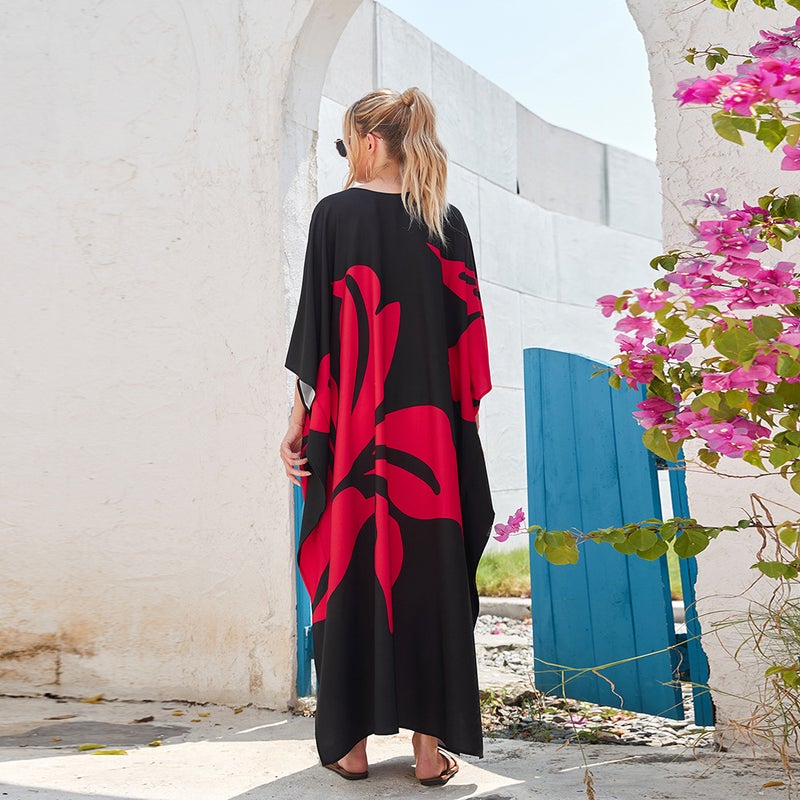 2 Color Cross-border New Printed Batwing Sleeve Robe Loose plus size Holiday Beach Dress Bikini Mallo 3907(3907-1, Free size) - Image 5