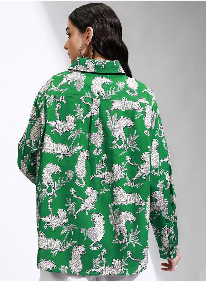 Tokyo Talkies - Animal Print Cutaway Collar Oversized Casual Shirt by Styli - Image 1