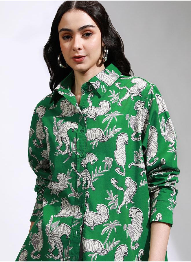 Tokyo Talkies - Animal Print Cutaway Collar Oversized Casual Shirt by Styli - Image 1