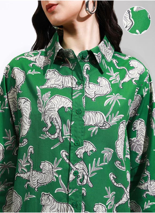 Tokyo Talkies - Animal Print Cutaway Collar Oversized Casual Shirt by Styli - Image 1