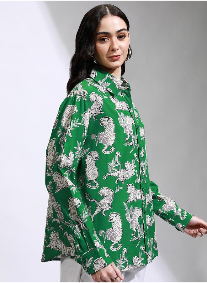 Tokyo Talkies - Animal Print Cutaway Collar Oversized Casual Shirt by Styli - Image 1
