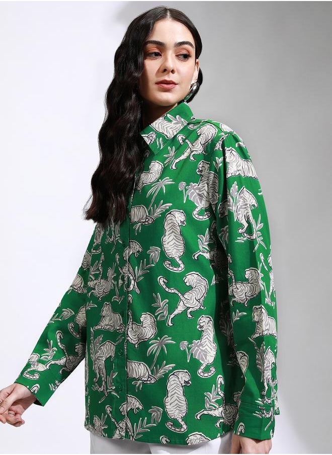 Tokyo Talkies - Animal Print Cutaway Collar Oversized Casual Shirt by Styli - Image 1