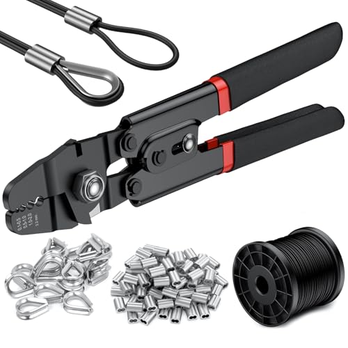 TOOGOND 328ft Wire Rope Crimping Tool Kit Fishing Crimping Tool With Black Vinyl Coated Wire Rope 7x7 Strand Core15mm 200Pcs 116Aluminum Crimp Loop Sleeves And 20Pcs Stainless Steel Thimble - Image 1