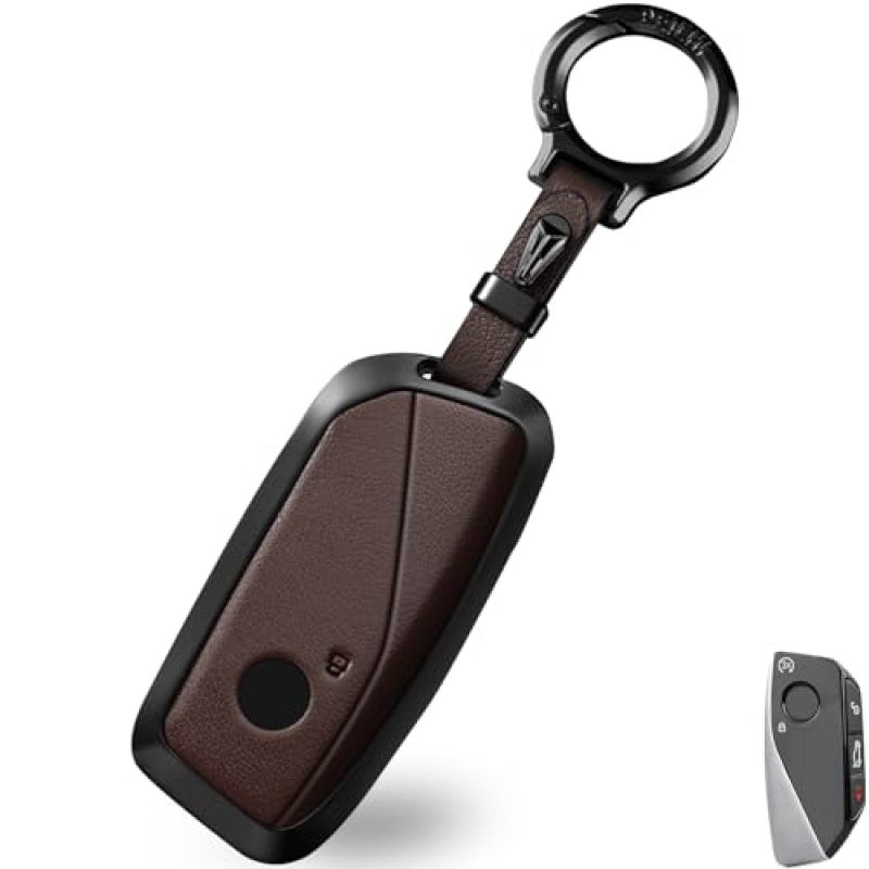BMW Key Case Zinc Alloy Key Fob Cover - Rugged Protection Leather Lined BMW Key Holder for Luxury Cars Brown - Image 1