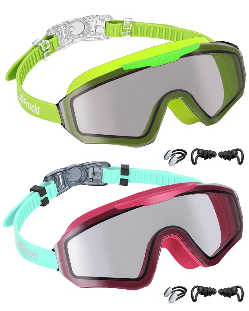 Freela 2 Pack Kids Swim Goggles for 6-14 8-12 8-14 4-7, Water Pool Swimming Goggles Anti-Fog 180° Wide View UV Protection, Soft Silicone Layer Waterproof No Leak Glasses for Teens Youth Boys Girls - Image 1