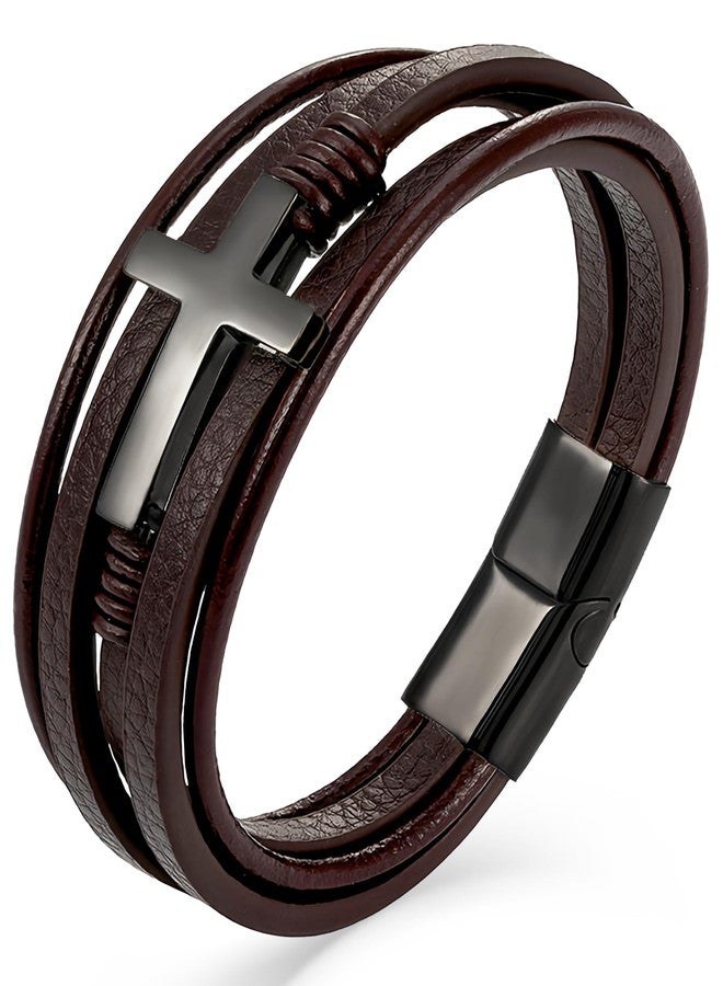 YL Mens Cross Christian Leather Bracelet, Black Rhodium Plated Stainless Steel Religious Brown Multi-Layer Cuff Handcrafted Jewelry Gifts 8.3" - Image 1