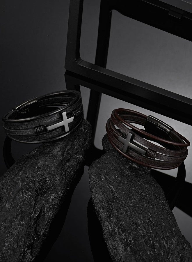 YL Mens Cross Christian Leather Bracelet, Black Rhodium Plated Stainless Steel Religious Brown Multi-Layer Cuff Handcrafted Jewelry Gifts 8.3" - Image 2